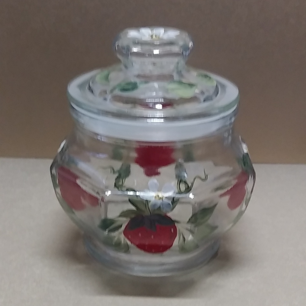 Vtg KIG Indonesia Octagon Apothecary Jar w/ Hand Painted Strawberries Signed